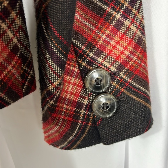 Plaid belted tweed large button peplum hem lined jacket Sz S/M Red/Brwn - Picture 11 of 14